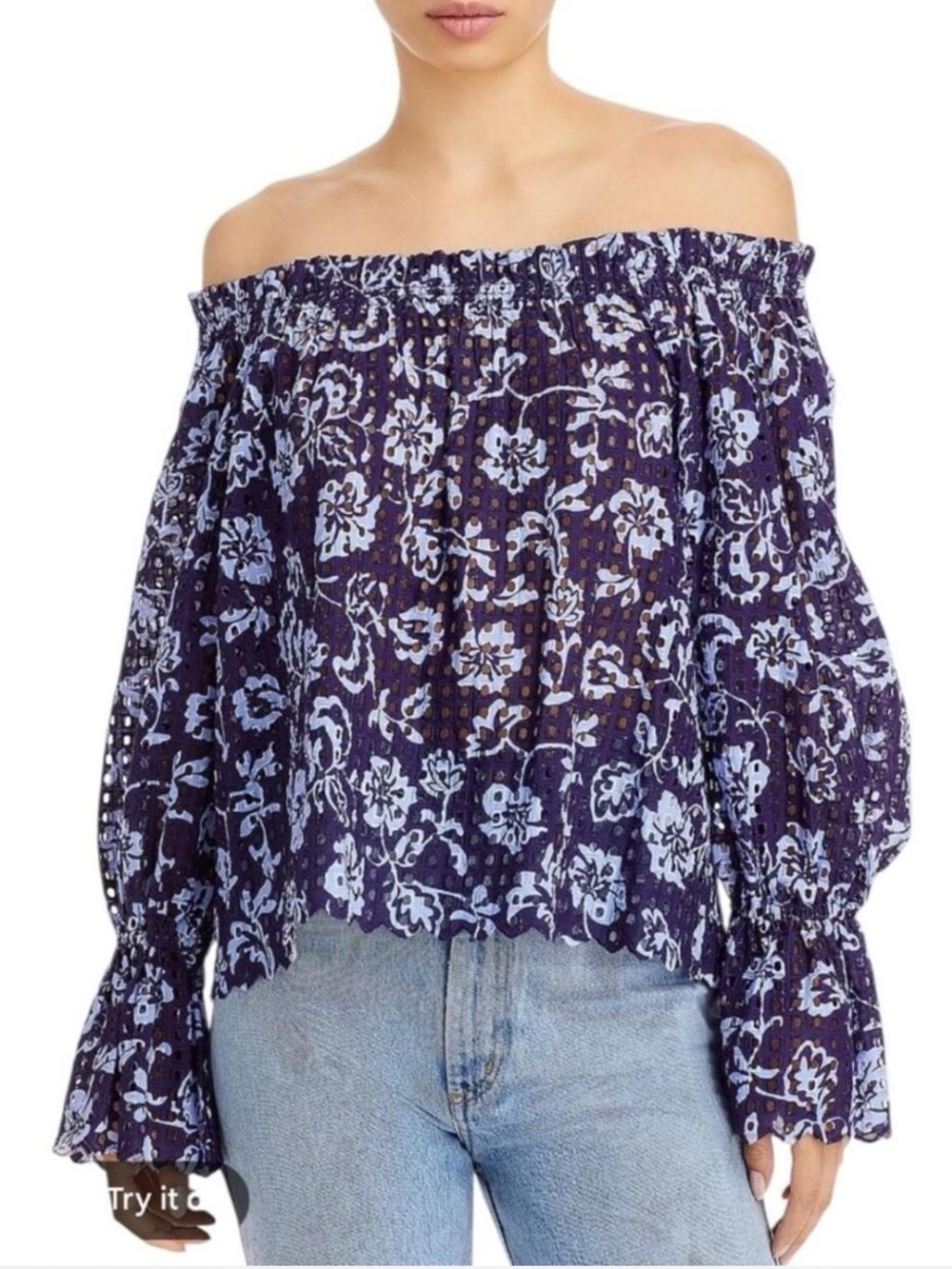 Ramy Brook Oakleigh Blouse XS Navy Periwinkle Floral Eyelet Off Shoulder